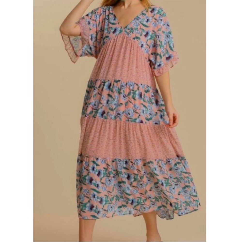 Women's Floral Printed Ruffle Sleeve V-Neck Maxi Dress Back Tie Details NWT